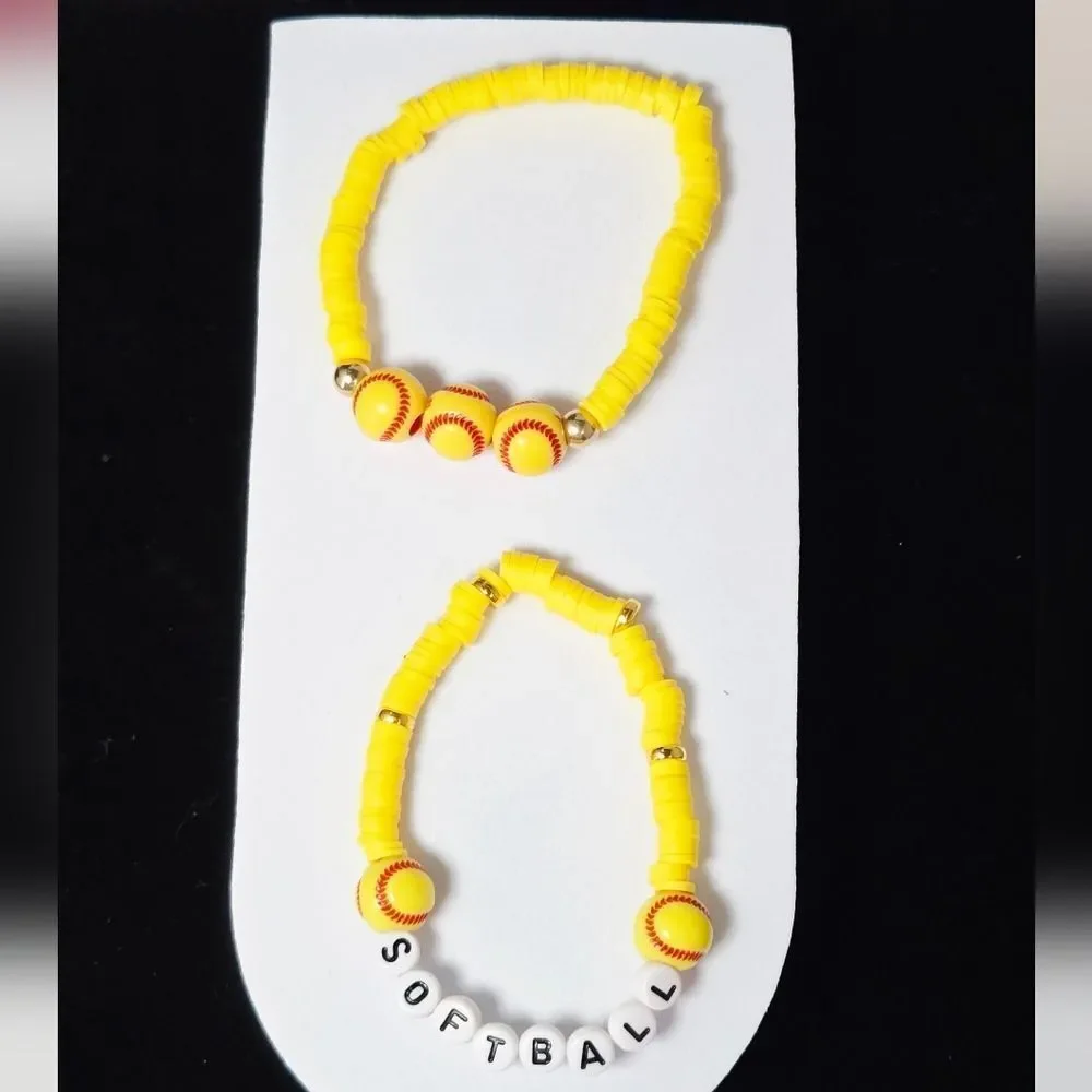 Softball Heishi Charm Bracelet Stack Set of 2 Team Spirit Yellow Red Sports Fan